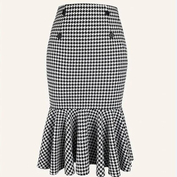 Elegant Mermaid Hem Houndstooth Skirt (Color: Black and White) - Picture 1 of 5